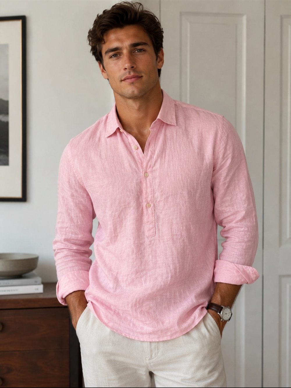 Xacus Pink 100% Linen Casual Button Down Pink Shirt New Without Tags